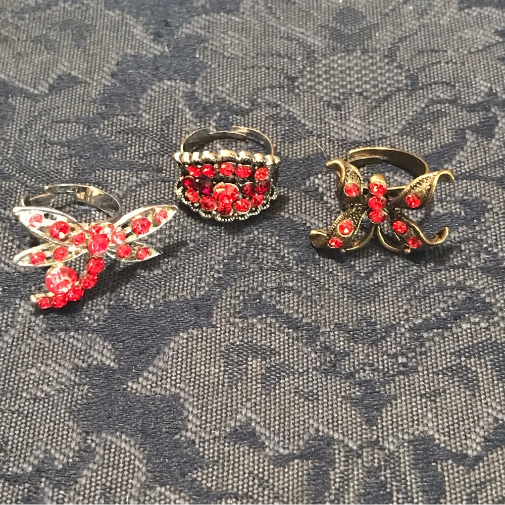 Bundle of 3 Blingy Rings, Gold-Tone w/ Red Sparkles, Adjustable Sz—Vintage